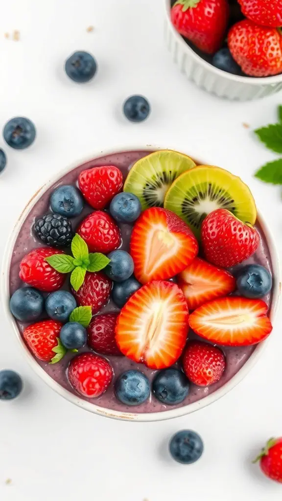 A colorful acai bowl topped with fresh strawberries, blueberries, kiwi slices, and mint leaves.