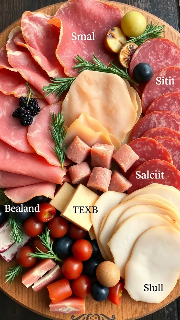 A charcuterie board featuring various meats, cheeses, and garnishes.