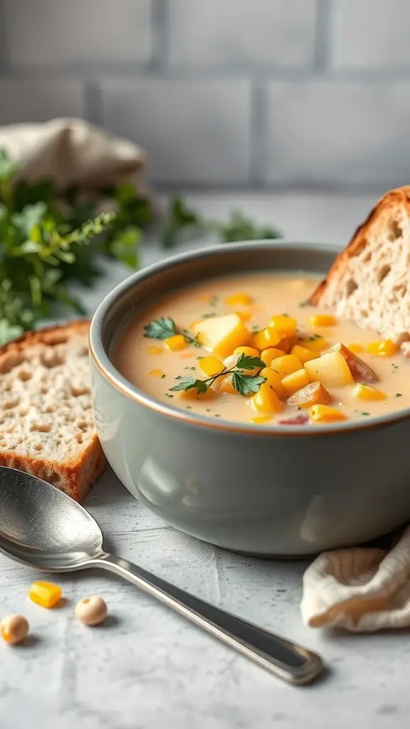 A bowl of Vegetable Chowder with Corn, garnished with herbs, next to slices of bread.