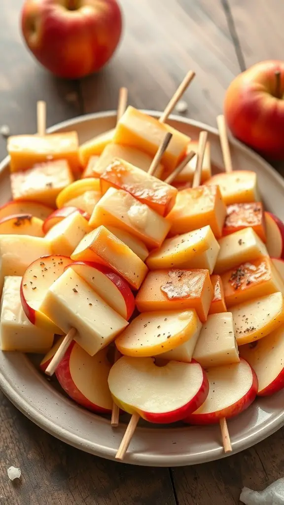 A plate of apple and cheddar cheese skewers arranged neatly with fresh apples in the background.