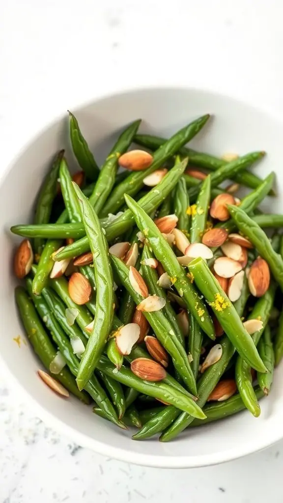 A bowl of green beans with toasted almonds