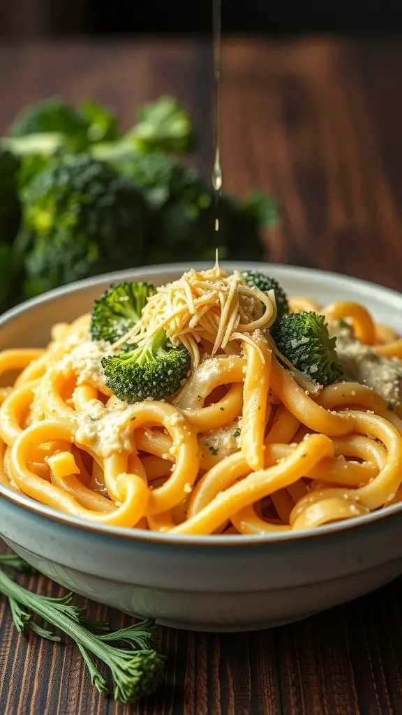 A bowl of cheesy broccoli and rotini pasta, drizzled with olive oil, on a wooden table.