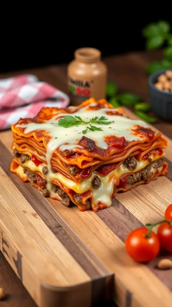 A delicious classic lasagna with layers of cheese and meat, served on a wooden cutting board.