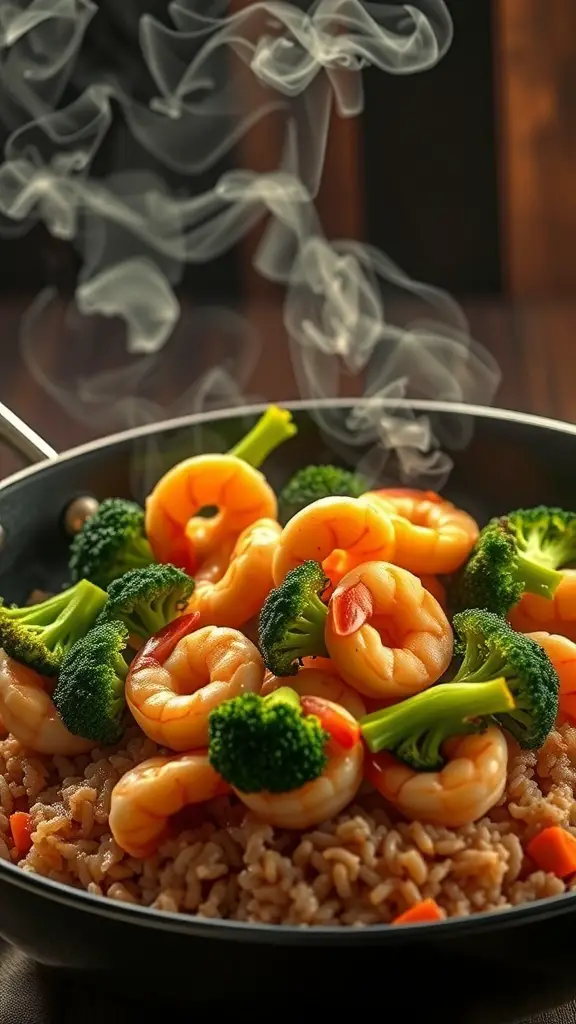 A delicious shrimp and broccoli stir-fry with steam rising from a pan.