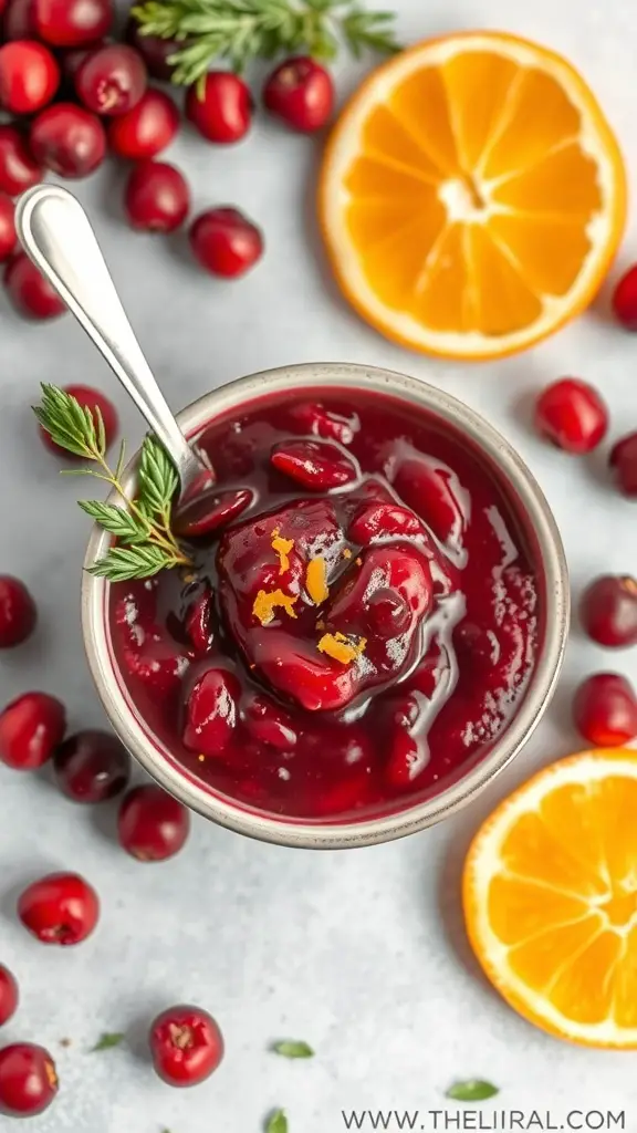 A bowl of cranberry sauce with orange zest, surrounded by fresh cranberries and an orange slice.