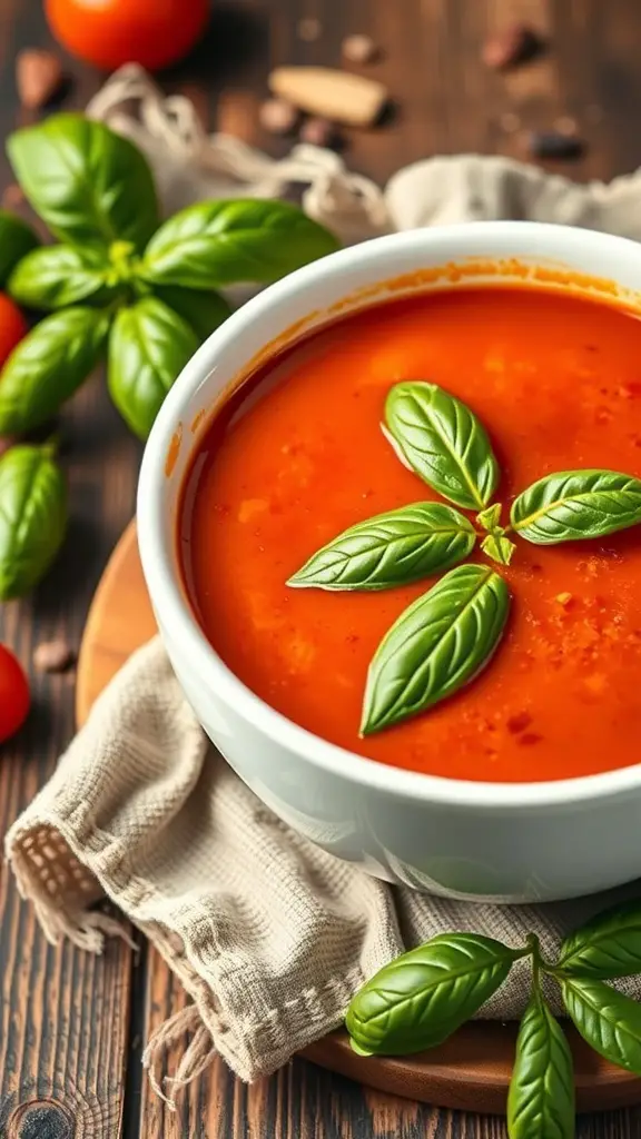 A bowl of hearty tomato basil soup garnished with fresh basil leaves, surrounded by tomatoes and herbs.