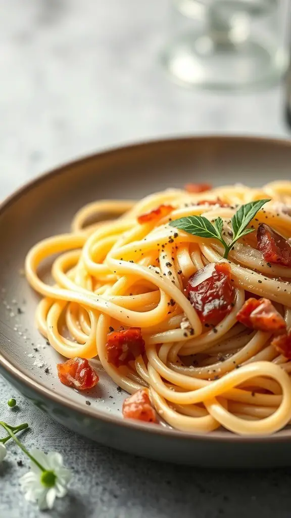 A plate of Carbonara Fettuccine with bacon and herbs
