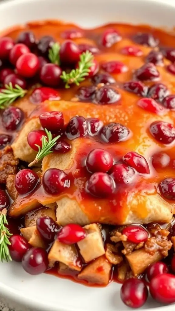A delicious cranberry turkey casserole topped with fresh cranberries and herbs.