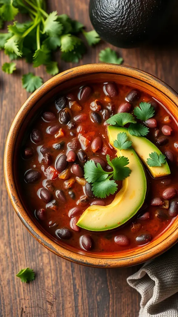 A bowl of spicy black bean soup topped with avocado slices and cilantro.