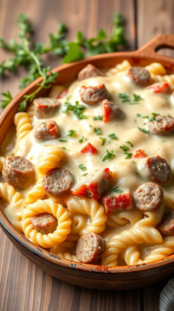 A delicious Italian Sausage Alfredo Bake with pasta, sausage, and creamy sauce.