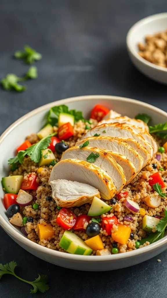A colorful quinoa salad topped with sliced grilled chicken, featuring various vegetables.