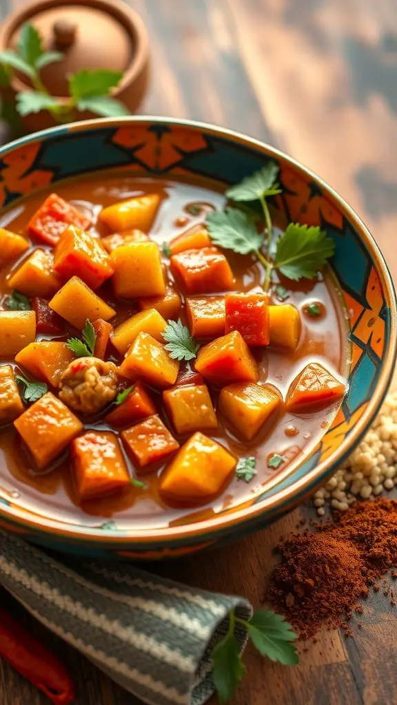 A bowl of Vegan Moroccan Vegetable Stew with colorful vegetables and spices.