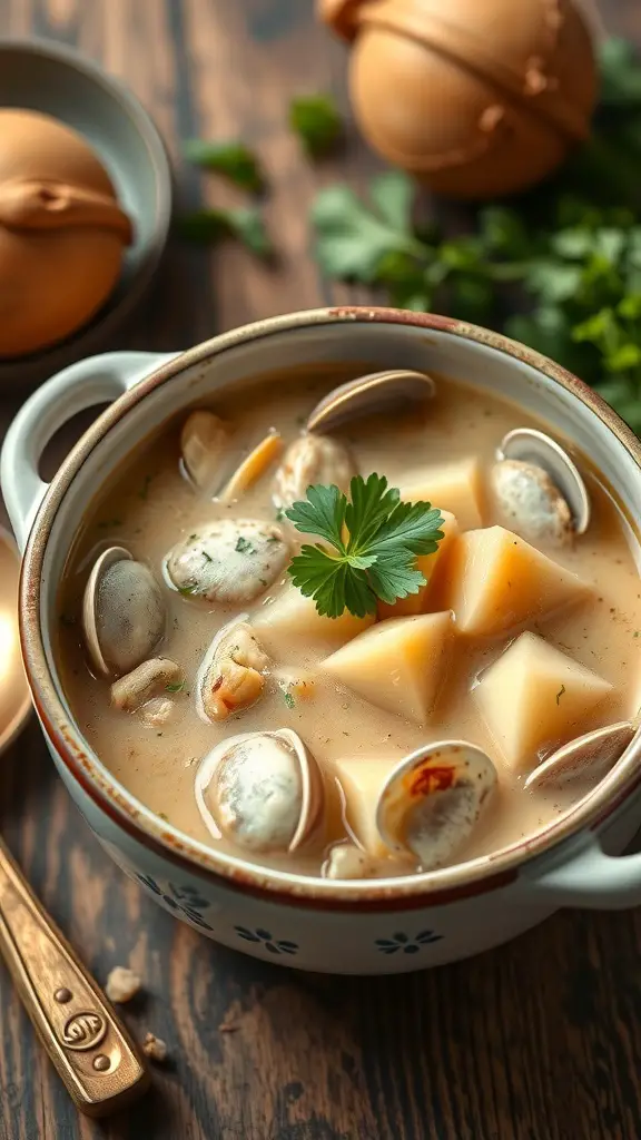 A bowl of traditional clam chowder with clams and potatoes, garnished with parsley.
