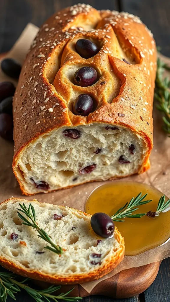 A freshly baked olive bread loaf with sesame seeds and olives, served with olive oil and rosemary.