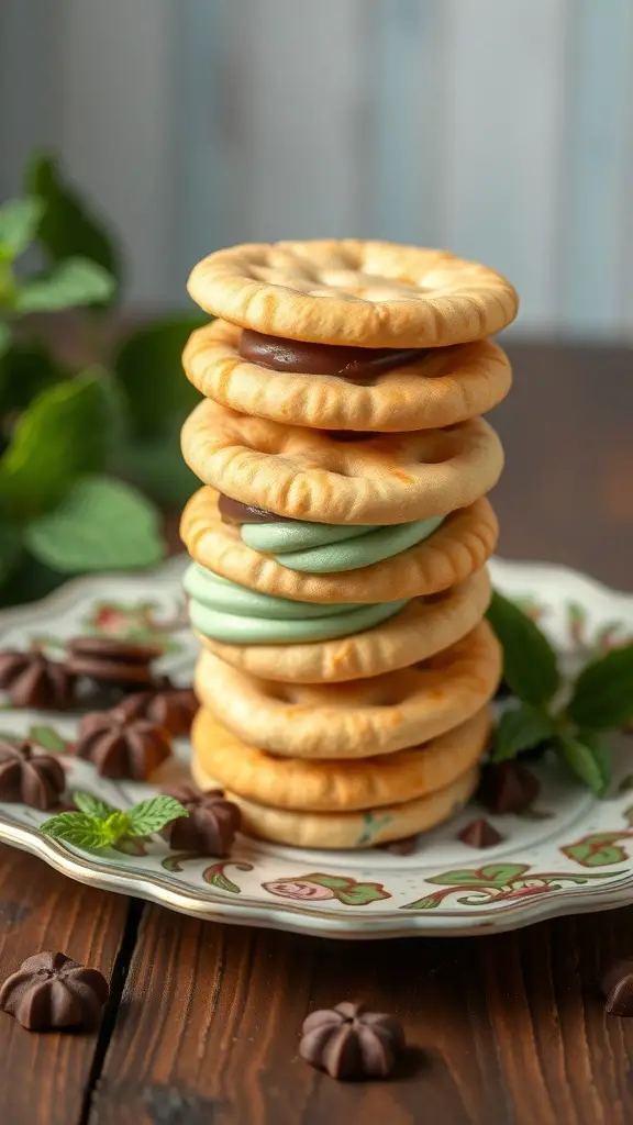 A stack of Ritz cracker chocolate mint sandwiches on a decorative plate.