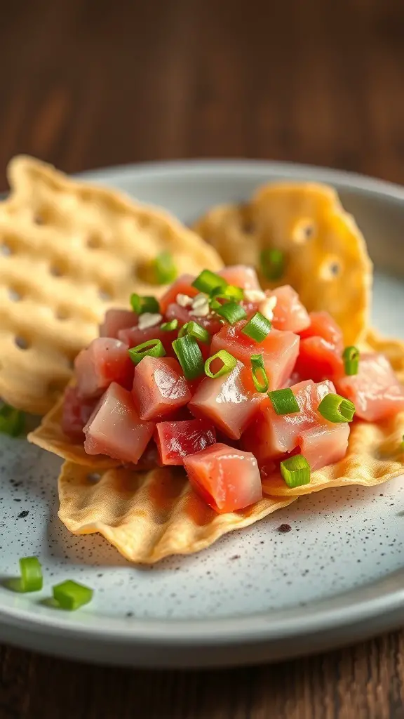 A plate of tuna tartare served on crispy wonton crisps, garnished with green onions.