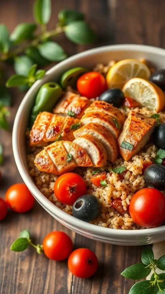 A Mediterranean Chicken Bowl with quinoa, grilled chicken, cherry tomatoes, olives, and lemon slices.