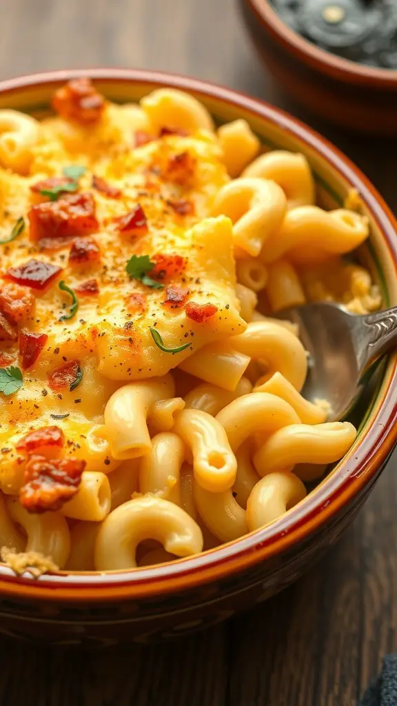 A bowl of creamy macaroni and cheese topped with crispy bits and herbs.
