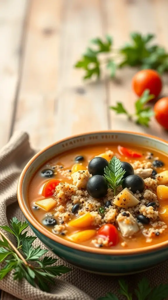 A bowl of Mediterranean Turkey and Quinoa Soup with colorful vegetables and herbs on a wooden table.