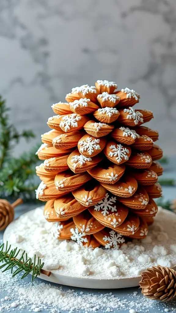 A beautifully crafted Snowy Pinecone Cake decorated with snowflakes and powdered sugar.