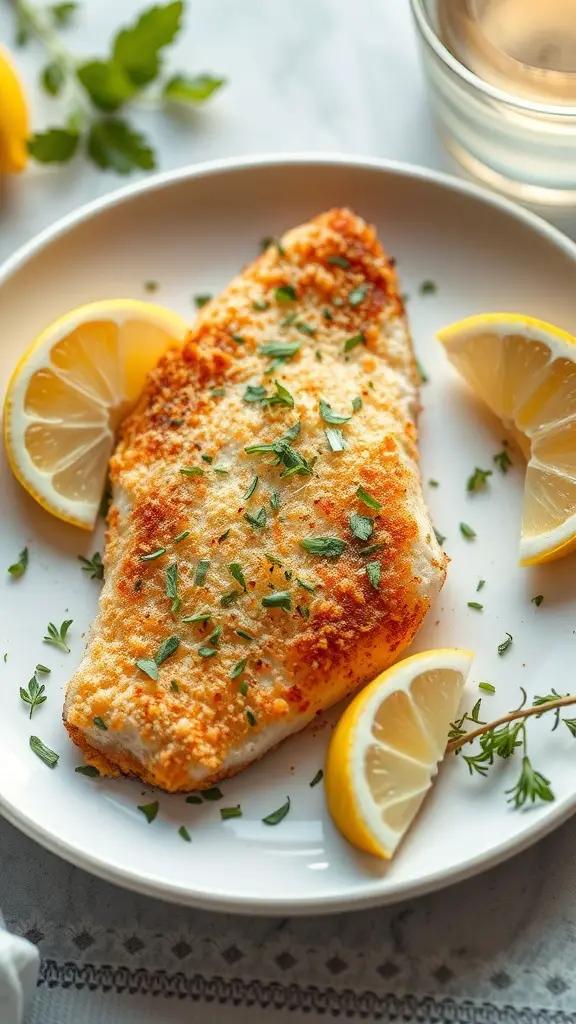 Crispy Parmesan breaded tilapia served with lemon wedges and herbs
