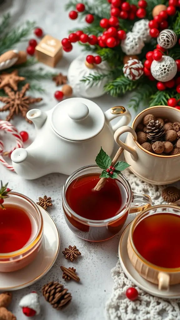 A cozy winter tea party setup with cups of tea, a teapot, and festive decorations.