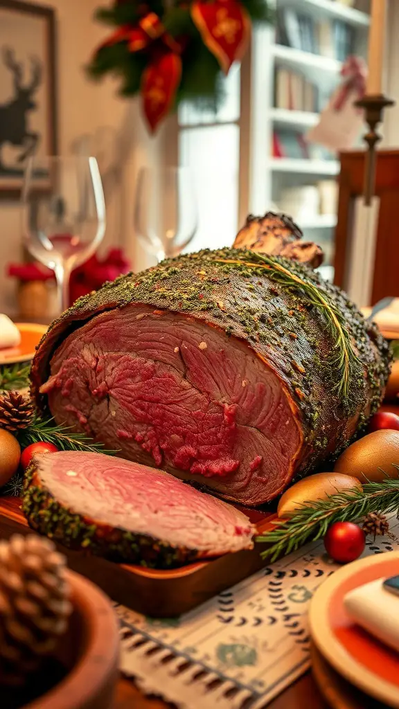 A beautifully cooked herb-crusted prime rib on a festive table setting.