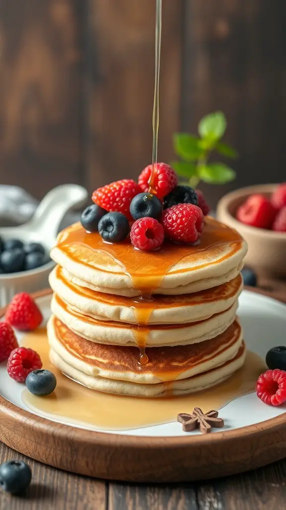 A stack of fluffy pancakes topped with fresh berries and syrup on a wooden plate.