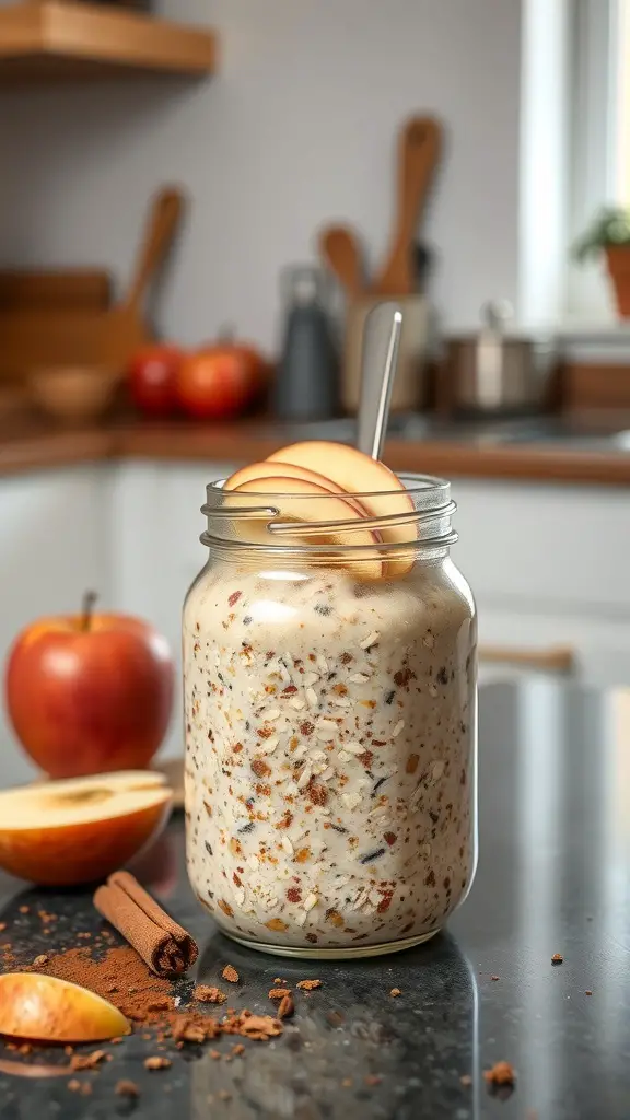 A jar of apple pie overnight oats topped with apple slices and cinnamon, with fresh apples in the background.