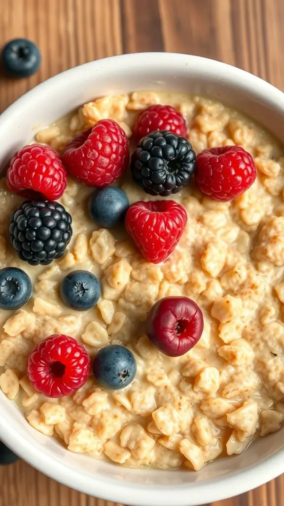 A bowl of oatmeal topped with various berries including raspberries, blueberries, and blackberries.