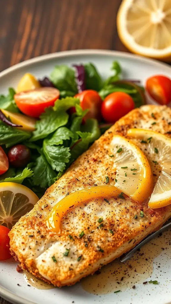 A plate of lemon pepper breaded tilapia served with a fresh salad, garnished with lemon slices.
