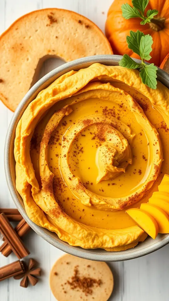 Bowl of pumpkin spice hummus with cinnamon sticks and pumpkin slices