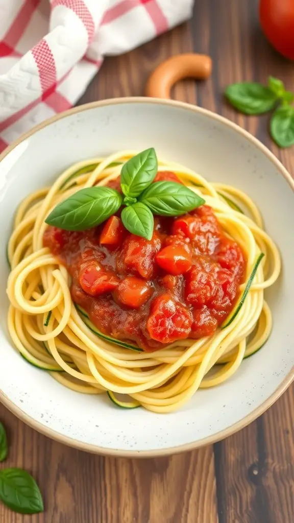 A bowl of zucchini noodles topped with marinara sauce and fresh basil.