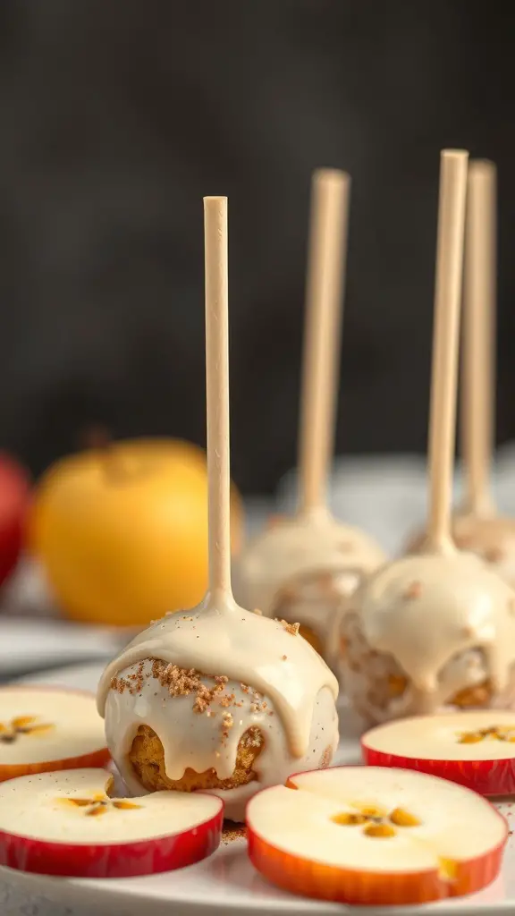 Spiced apple cake pops with white chocolate coating and apple slices