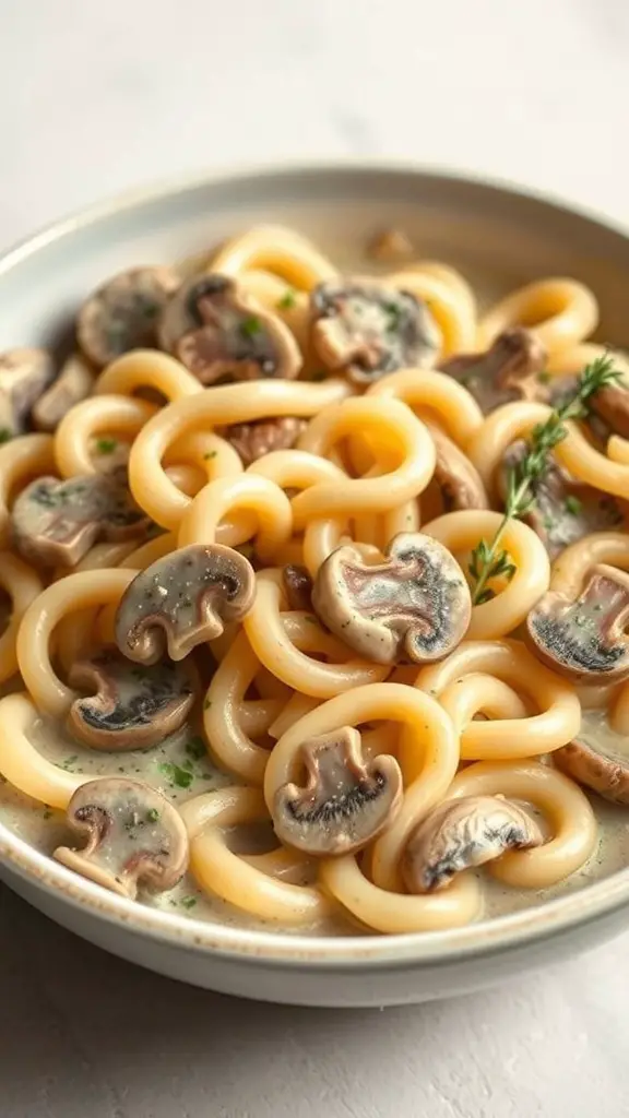 A bowl of elbow noodles in creamy mushroom sauce with sliced mushrooms on top.