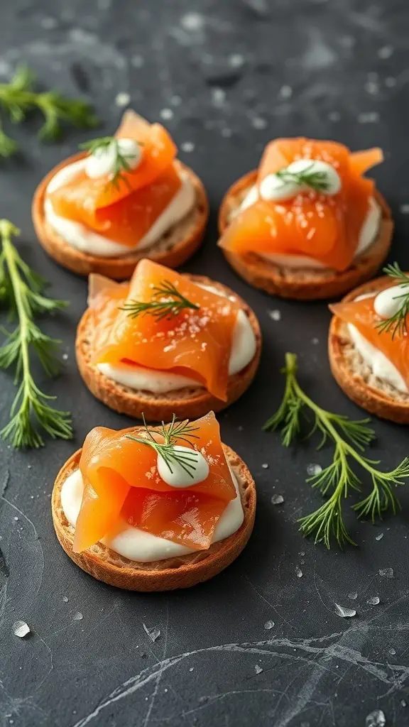 Smoked salmon canapés on a dark surface with fresh dill