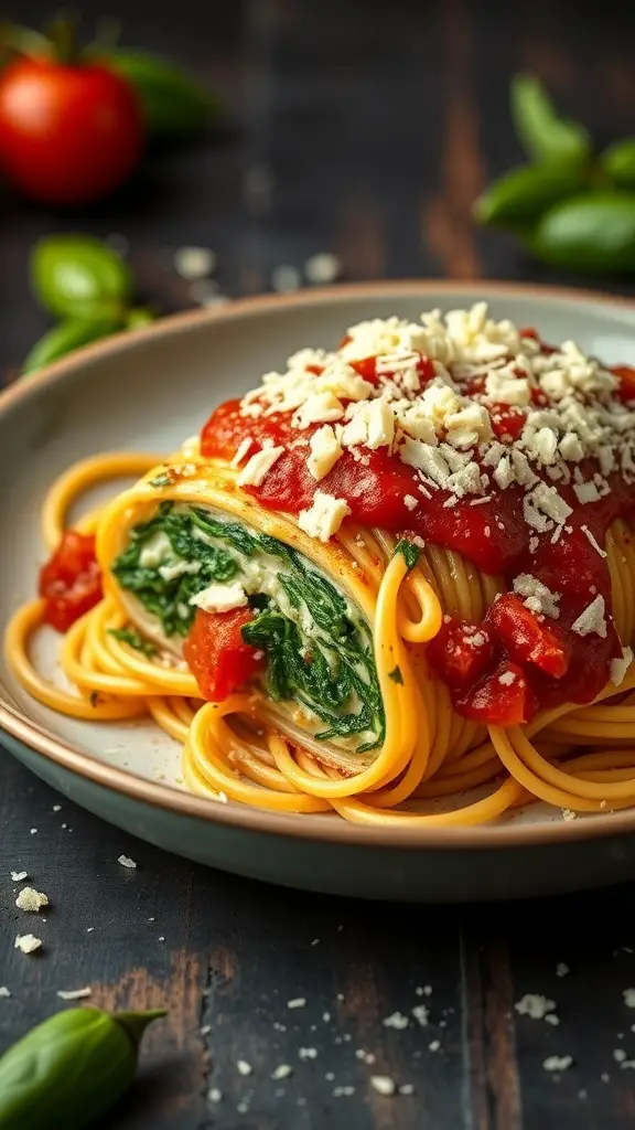 A plate of spinach and ricotta stuffed spaghetti topped with marinara sauce and cheese.
