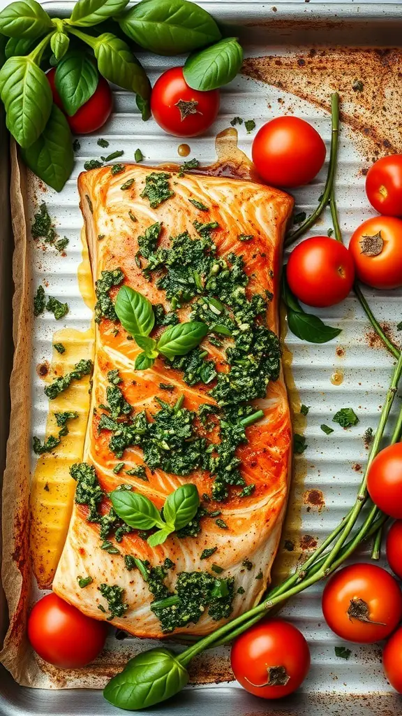 Baked salmon fillet topped with pesto and garnished with basil, surrounded by cherry tomatoes.
