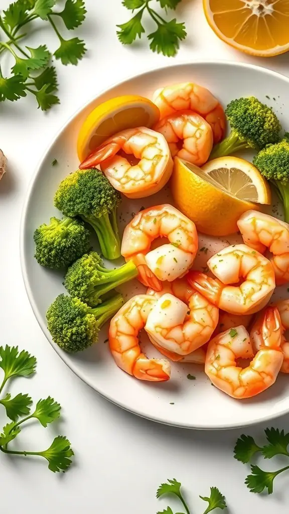 A plate of Lemon Garlic Shrimp and Broccoli garnished with lemon slices and fresh herbs.