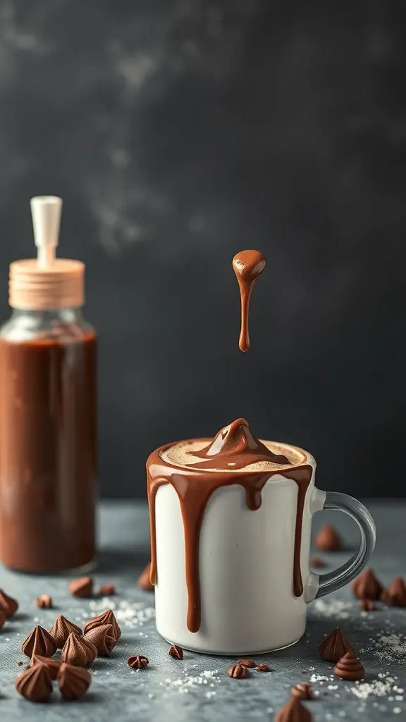 A mug of hot chocolate with a chocolate drizzle, surrounded by chocolate pieces.