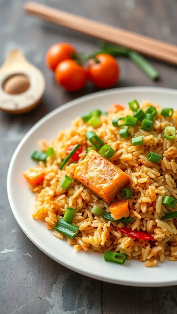A plate of salmon fried rice with vegetables, garnished with green onions, alongside tomatoes and chopsticks.
