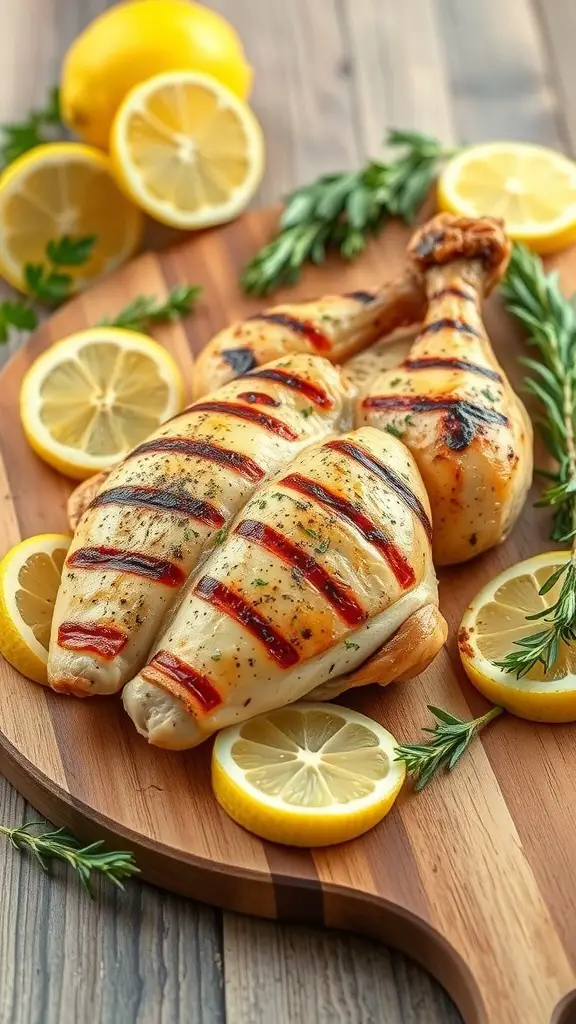 Grilled chicken with lemon slices and herbs on a wooden platter