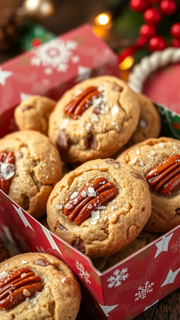 A festive box filled with caramel pecan cookies topped with sea salt.