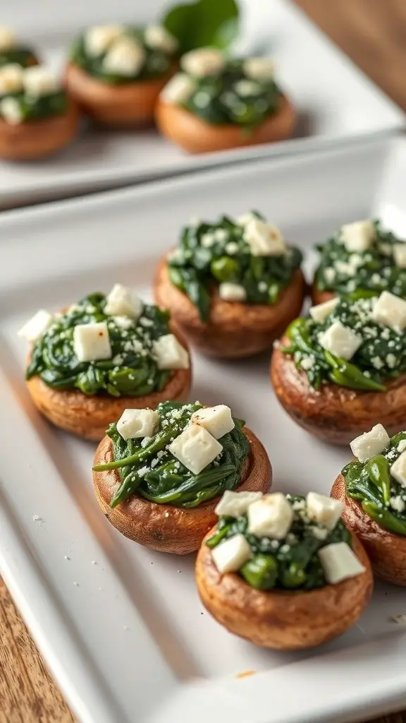 A plate of spinach and feta stuffed mushrooms, topped with crumbled feta cheese.