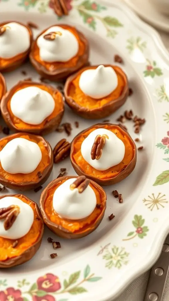 Sweet potato bites topped with marshmallow and pecans on a decorative plate