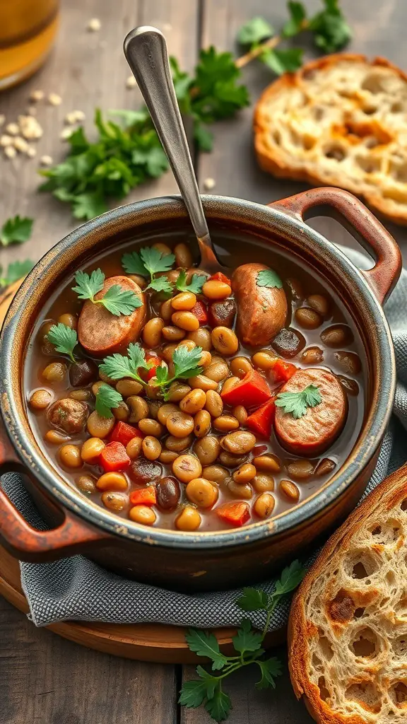 A bowl of lentil and sausage stew with fresh herbs and crusty bread on the side.