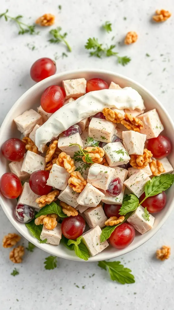 A bowl of Greek yogurt chicken salad with chicken, grapes, walnuts, and herbs.