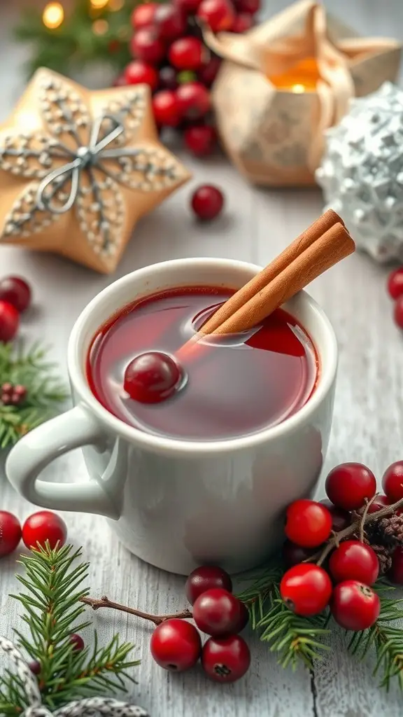 A cozy cup of Hot Spiced Berry Tea with a cinnamon stick and cranberries, surrounded by festive decorations.