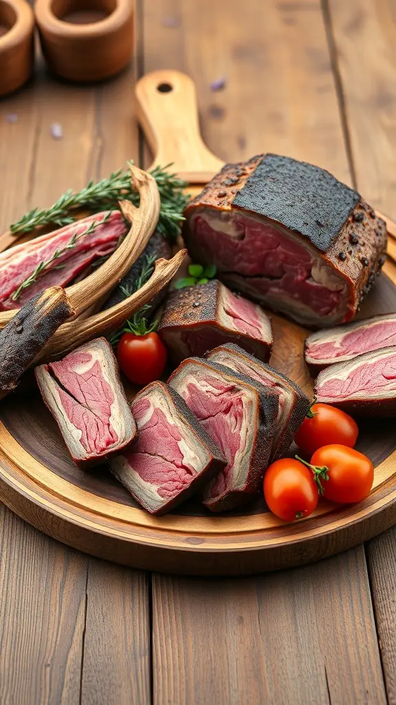 A platter of sliced venison steak with cherry tomatoes and herbs.