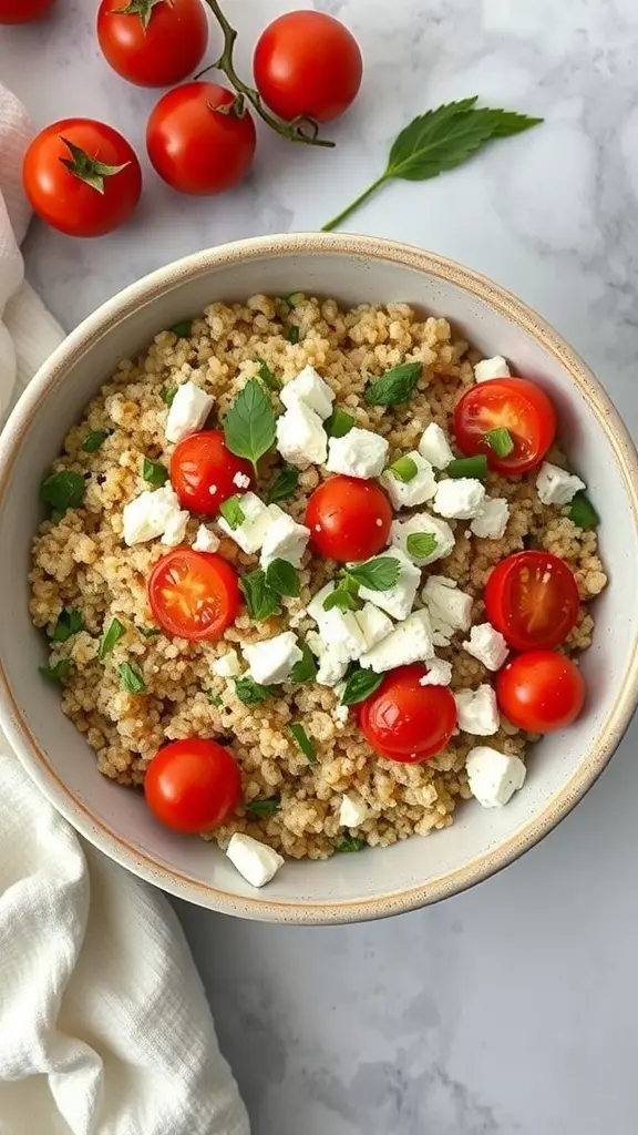 Bowl of quinoa topped with cherry tomatoes and feta cheese